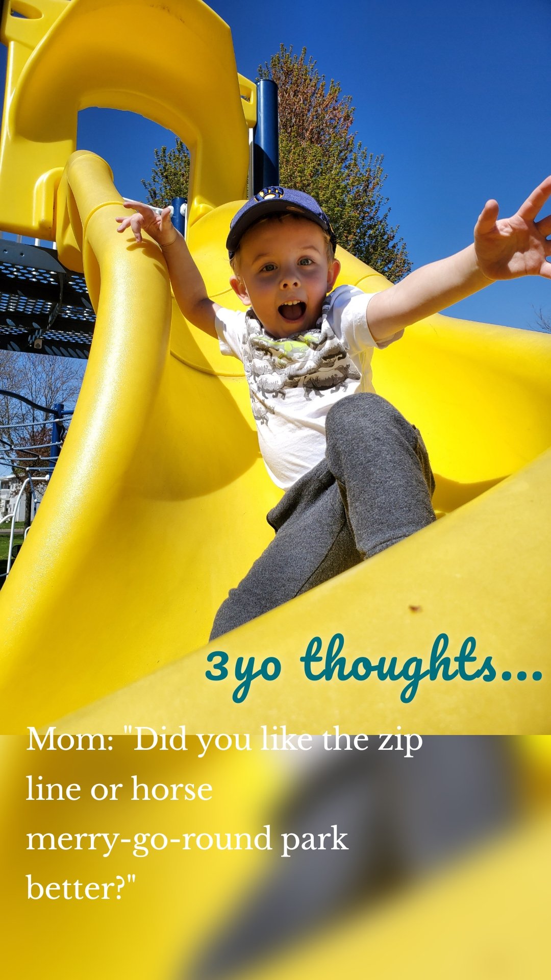 3yo thoughts... Mom: "Did you like the zip line or horse merry-go-round park better?"